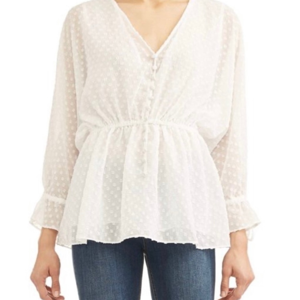 Textile Elizabeth & James White Swiss Dot Textured V-neck Blouse Size Medium